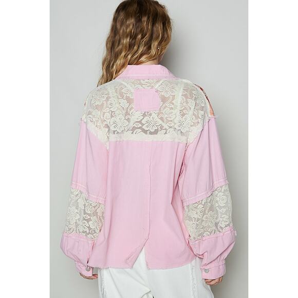 POL Lace Details Printed Woven Mix Raw Hem Pockets Buttoned Denim Jacket | Pink - Picture 3 of 4